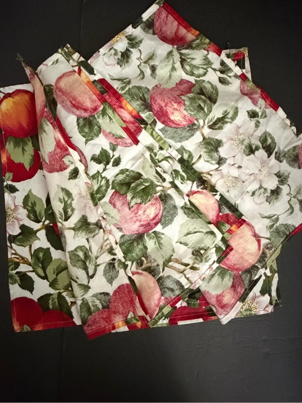 Fruit Print Napkin or Fabric Square - Red Peach/ Apple Floral set of 5